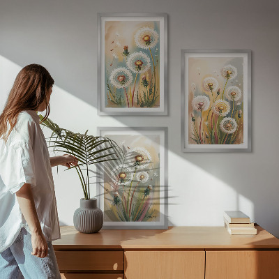 Set di 3 quadri fiori di tarassaco erbe dai colori pastello