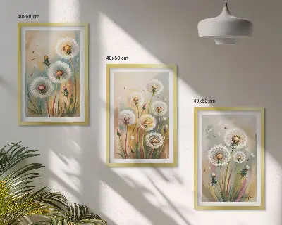 Set di 3 quadri con fiori di tarassaco dai colori pastello