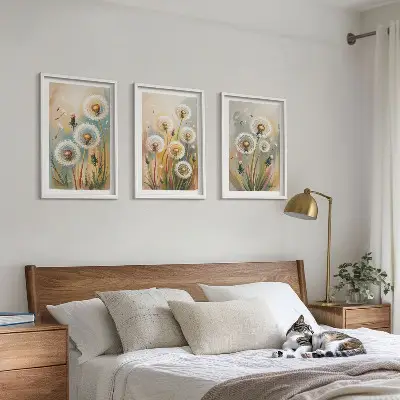 Set di 3 quadri con fiori di tarassaco dai colori pastello