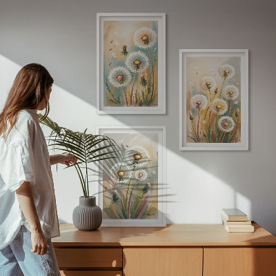 Set di 3 quadri fiori di tarassaco erbe dai colori pastello
