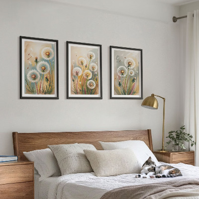 Set di 3 quadri fiori di tarassaco erbe dai colori pastello