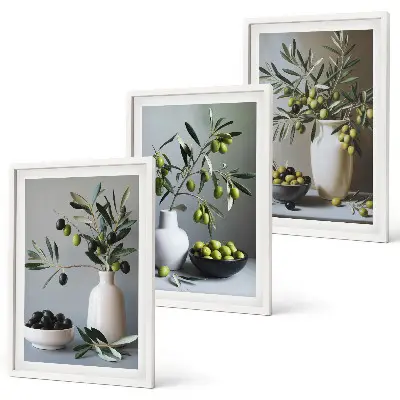 Composizione di quadri con olive in vasi dai colori tenui