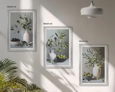 Composizione di quadri con olive in vasi dai colori tenui