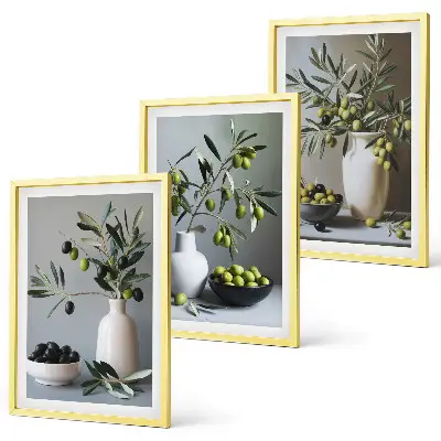 Composizione di quadri con olive in vasi dai colori tenui
