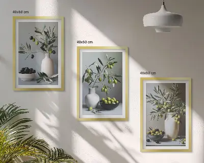 Composizione di quadri con olive in vasi dai colori tenui