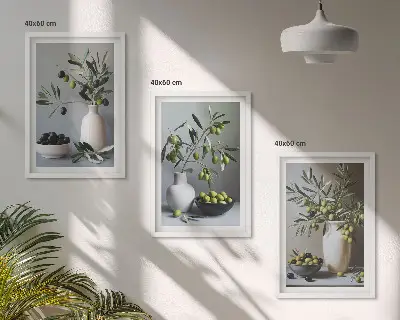 Composizione di quadri con olive in vasi dai colori tenui
