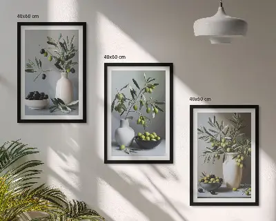 Composizione di quadri con olive in vasi dai colori tenui