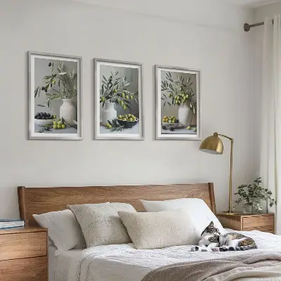 Set di quadri incorniciati con olive in vasi grigi