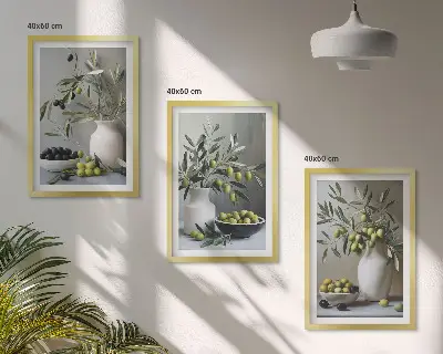 Set di quadri incorniciati con olive in vasi grigi