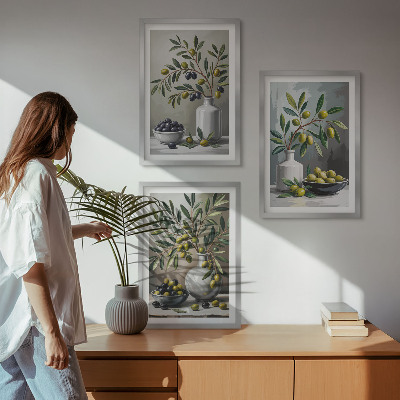 Set di 3 quadri Olive in ceramica grigie