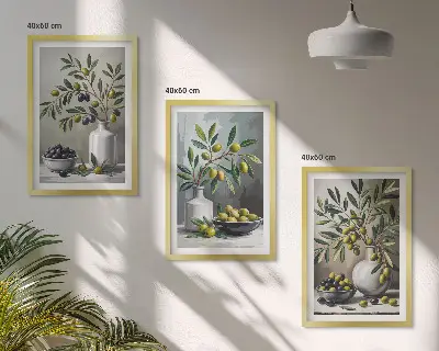 Olive in ceramica grigie set di 3 quadri
