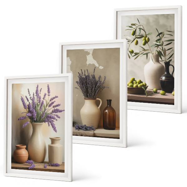 Composizione di quadri Fiori in vasi, olive, decorazioni