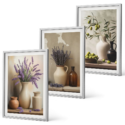Composizione di quadri Fiori in vasi, olive, decorazioni