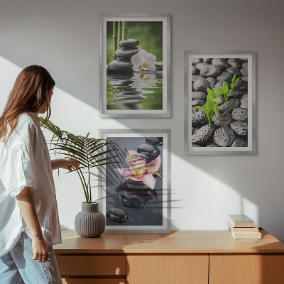 Set di quadri incorniciati Una tranquilla composizione zen di fiori e acqua.