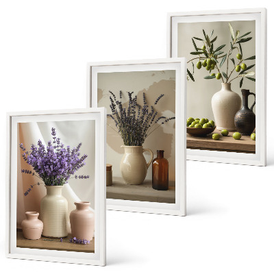 Set di 3 quadri Vasi di olive e fiori di lavanda
