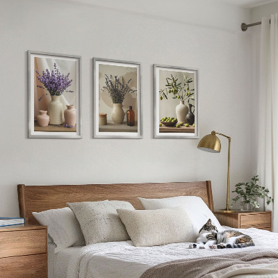 Set di 3 quadri Vasi di olive e fiori di lavanda