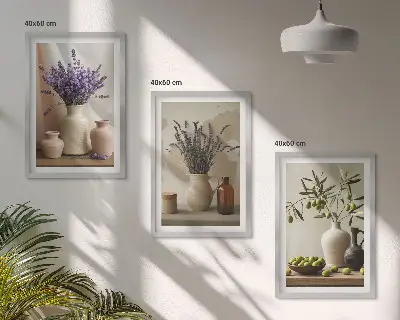 Set di 3 quadri con vasi di olive e fiori di lavanda