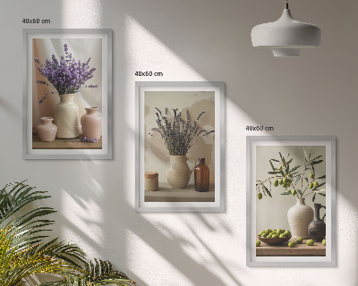 Set di 3 quadri Vasi di olive e fiori di lavanda