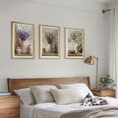Set di 3 quadri Vasi di olive e fiori di lavanda