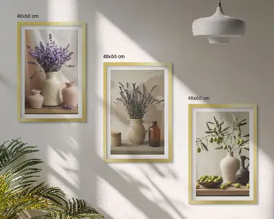 Set di 3 quadri con vasi di olive e fiori di lavanda