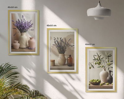 Set di 3 quadri Vasi di olive e fiori di lavanda