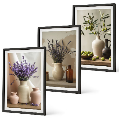 Set di 3 quadri Vasi di olive e fiori di lavanda