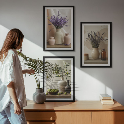 Set di 3 quadri Vasi di olive e fiori di lavanda