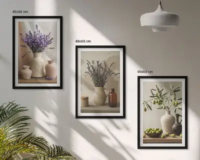 Set di 3 quadri con vasi di olive e fiori di lavanda