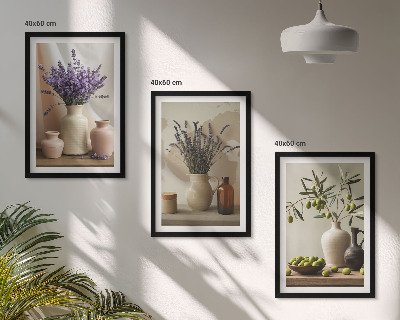 Set di 3 quadri Vasi di olive e fiori di lavanda