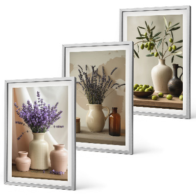 Set di 3 quadri Vasi di olive e fiori di lavanda