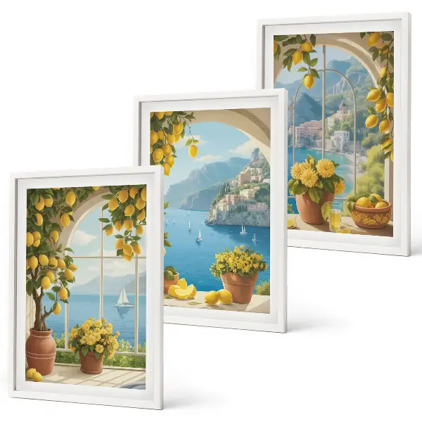 Set di 3 quadri con paesaggi marini, limoni e finestre