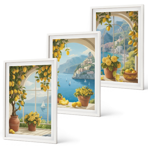 Set di 3 quadri Paesaggi marini, limoni, finestre