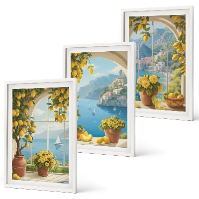 Set di 3 quadri Paesaggi marini, limoni, finestre