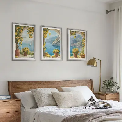 Set di 3 quadri con paesaggi marini, limoni e finestre