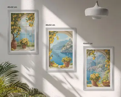 Set di 3 quadri con paesaggi marini, limoni e finestre