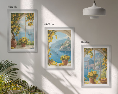 Set di 3 quadri Paesaggi marini, limoni, finestre