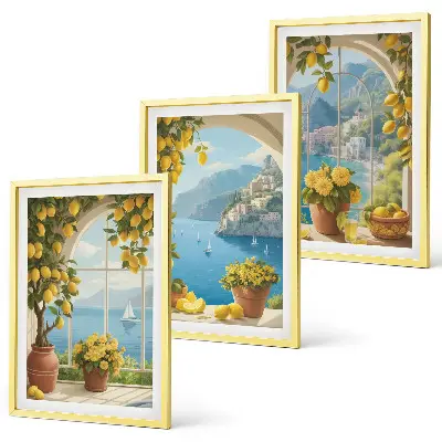 Set di 3 quadri con paesaggi marini, limoni e finestre