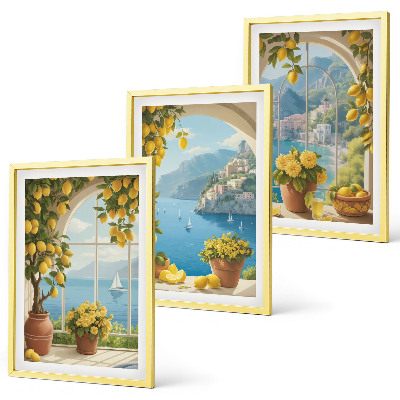 Set di 3 quadri Paesaggi marini, limoni, finestre