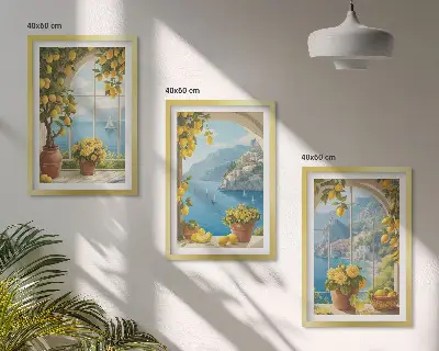 Set di 3 quadri con paesaggi marini, limoni e finestre