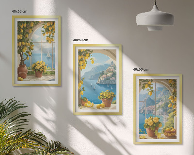 Set di 3 quadri Paesaggi marini, limoni, finestre