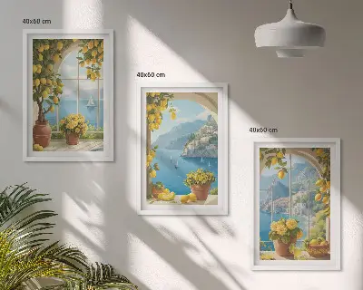 Set di 3 quadri con paesaggi marini, limoni e finestre
