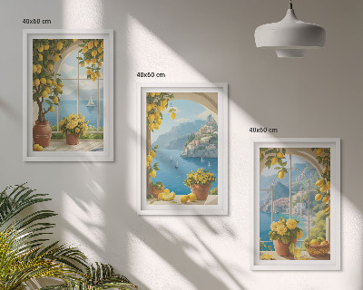 Set di 3 quadri Paesaggi marini, limoni, finestre
