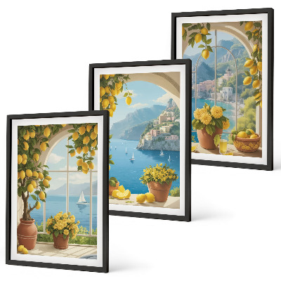 Set di 3 quadri Paesaggi marini, limoni, finestre