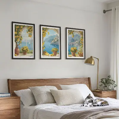 Set di 3 quadri con paesaggi marini, limoni e finestre