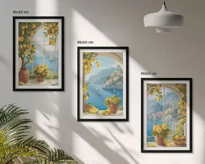 Set di 3 quadri con paesaggi marini, limoni e finestre