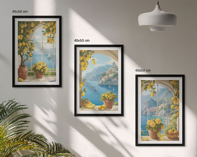 Set di 3 quadri Paesaggi marini, limoni, finestre
