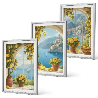 Set di 3 quadri con paesaggi marini, limoni e finestre