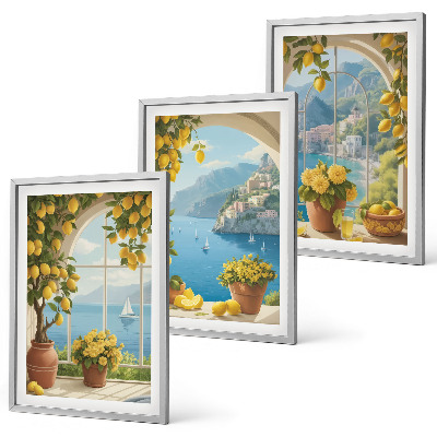 Set di 3 quadri Paesaggi marini, limoni, finestre