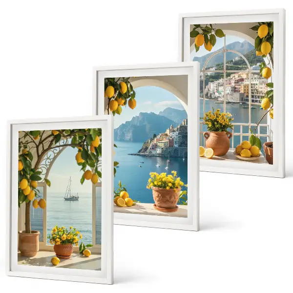 Composizione di quadri con limoni e fiori in stile mediterraneo
