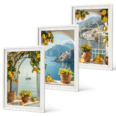 Composizione di quadri con limoni e fiori in stile mediterraneo
